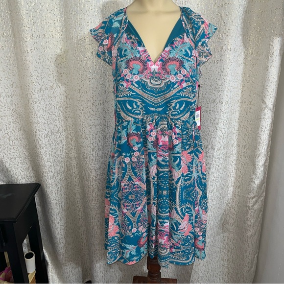 Vince Camuto Teal Chiffon Flutter Sleeve Dress, NWT, Size 4 - Picture 1 of 4